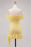 Off the Shoulder Yellow Floral Tight Cocktail Dress with Ruffles