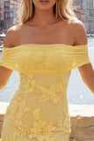 Off the Shoulder Yellow Floral Tight Cocktail Dress with Ruffles