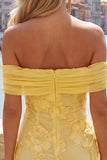 Off the Shoulder Yellow Floral Tight Cocktail Dress with Ruffles