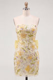 Yellow Strapless Bodycon Floral Sequins Homecoming Dress with Bow