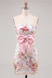 Pink Bodycon Strapless Floral Sequins Lace Up Back Homecoming Dress with Bow