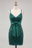 Dark Green Spaghetti Straps Sequins Bodycon Lace Up Back Homecoming Dress with Bow
