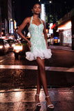 Halter Neck Pink Bodycon Ruffled Corset Mini Party Dress with Pearls