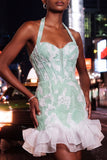 Halter Neck Pink Bodycon Ruffled Corset Mini Party Dress with Pearls