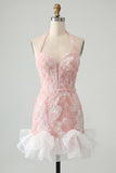 Halter Neck Pink Bodycon Ruffled Corset Mini Party Dress with Pearls