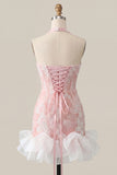 Halter Neck Pink Bodycon Ruffled Corset Mini Party Dress with Pearls