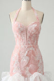 Halter Neck Pink Bodycon Ruffled Corset Mini Party Dress with Pearls