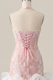 Halter Neck Pink Bodycon Ruffled Corset Mini Party Dress with Pearls