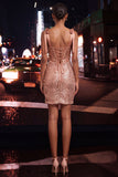 Sparkly Champagne Sheer Corset Bodycon Sequins Cocktail Dress with Slit