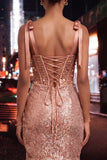 Sparkly Champagne Sheer Corset Bodycon Sequins Cocktail Dress with Slit