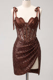 Sparkly Champagne Sheer Corset Bodycon Sequins Cocktail Dress with Slit