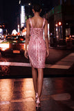 Sparkly Champagne Sheer Corset Bodycon Sequins Cocktail Dress with Slit