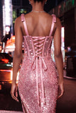 Sparkly Champagne Sheer Corset Bodycon Sequins Cocktail Dress with Slit