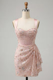Blush Bodycon Corset Ruched Lace Up Back Graduation Dress with Sash