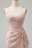 Blush Bodycon Corset Ruched Lace Up Back Graduation Dress with Sash