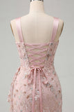 Blush Bodycon Corset Ruched Lace Up Back Graduation Dress with Sash