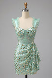 Mint Green Corset Bodycon Ruffle Sequins Mini Party Dress