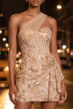 Green One Shoulder Corset Bodycon Sequins Cocktail Dress with Lace Up Back
