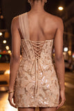 Green One Shoulder Corset Bodycon Sequins Cocktail Dress with Lace Up Back