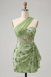 Green One Shoulder Corset Bodycon Sequins Cocktail Dress with Lace Up Back