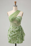 Green One Shoulder Corset Bodycon Sequins Cocktail Dress with Lace Up Back