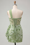 Green One Shoulder Corset Bodycon Sequins Cocktail Dress with Lace Up Back
