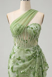 Green One Shoulder Corset Bodycon Sequins Cocktail Dress with Lace Up Back