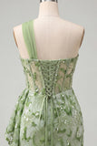 Green One Shoulder Corset Bodycon Sequins Cocktail Dress with Lace Up Back