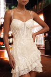 Light Blue Corset Bodycon Lace Up Back Short Graduation Dress with Ruffles