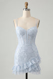 Light Blue Corset Bodycon Lace Up Back Short Graduation Dress with Ruffles