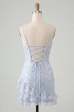 Light Blue Corset Bodycon Lace Up Back Short Graduation Dress with Ruffles