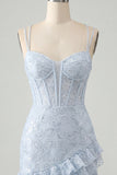 Light Blue Corset Bodycon Lace Up Back Short Graduation Dress with Ruffles