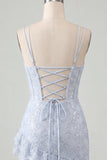 Light Blue Corset Bodycon Lace Up Back Short Graduation Dress with Ruffles