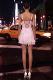 Light Blue Corset Bodycon Lace Up Back Short Graduation Dress with Ruffles