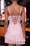 Light Blue Corset Bodycon Lace Up Back Short Graduation Dress with Ruffles