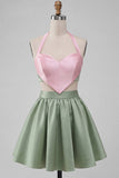 Halter Neck A-Line 2 Piece Pink and Green Satin Cocktail Dress