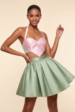 Halter Neck A-Line 2 Piece Pink and Green Satin Cocktail Dress