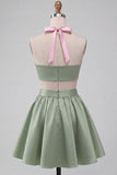 Halter Neck A-Line 2 Piece Pink and Green Satin Cocktail Dress