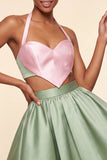 Halter Neck A-Line 2 Piece Pink and Green Satin Cocktail Dress