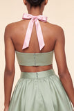 Halter Neck A-Line 2 Piece Pink and Green Satin Cocktail Dress