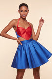 Halter Neck A-Line 2 Piece Pink and Green Satin Cocktail Dress