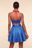 Halter Neck A-Line 2 Piece Pink and Green Satin Cocktail Dress