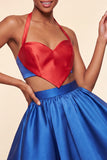 Halter Neck A-Line 2 Piece Pink and Green Satin Cocktail Dress