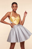 Halter Neck A-Line 2 Piece Pink and Green Satin Cocktail Dress