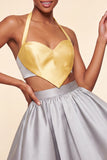 Halter Neck A-Line 2 Piece Pink and Green Satin Cocktail Dress