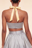 Halter Neck A-Line 2 Piece Pink and Green Satin Cocktail Dress