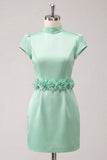 Green High Neck Bodycon Cap Sleeves Cocktail Dress with 3D Flowers