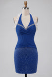 Dark Blue Halter Beaded Corset Bodycon Ruched Cocktail Dress with Lace Up Back