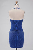 Dark Blue Halter Beaded Corset Bodycon Ruched Cocktail Dress with Lace Up Back