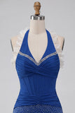 Dark Blue Halter Beaded Corset Bodycon Ruched Cocktail Dress with Lace Up Back